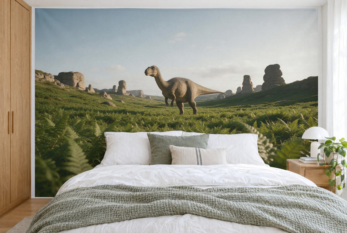 Tela impresa XXL: dinosaurio a la izquierda del centro entre helechos, llenando la pared tras la cama