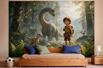 XXL wall tapestry Dino Adventure in the Misty Forest as wall decor in a boys' bedroom