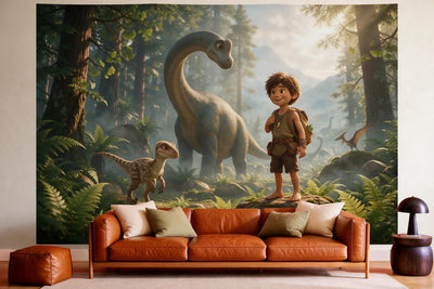 Wall decor in a cosy living room above the leather sofa: printed fabric tapestry Dino Adventure in the Misty Forest