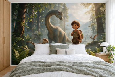 Tissu imprimé XXL : Brachiosaure au centre, à droite un garçon sur le rocher, forêt de fougères, mur entier derrière le lit