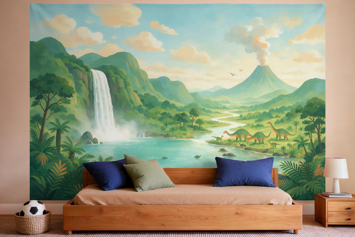 Tapiz de pared XXL Valle de dinosaurios con cascada y volcán como decoración en un dormitorio de niño
