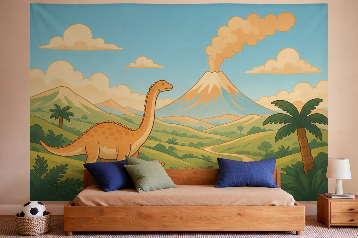 XXL wall tapestry Dinosaur before the Volcano as wall decor in a boys' bedroom