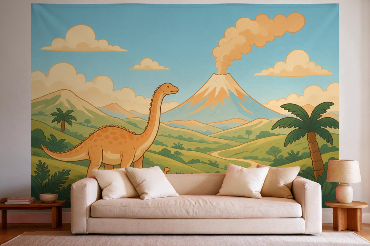 Wall decor in a bright living room above the sofa: printed fabric tapestry Dinosaur before the Volcano
