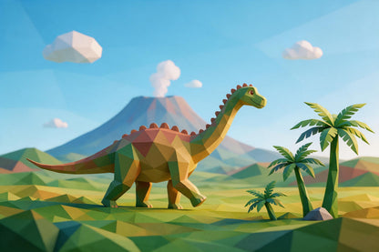Freundlicher Langhals-Dinosaurier vor ruhigem Vulkan, rechts drei Farnpalmen, als Wandtuch, auf Stoff gedruckt – Grün