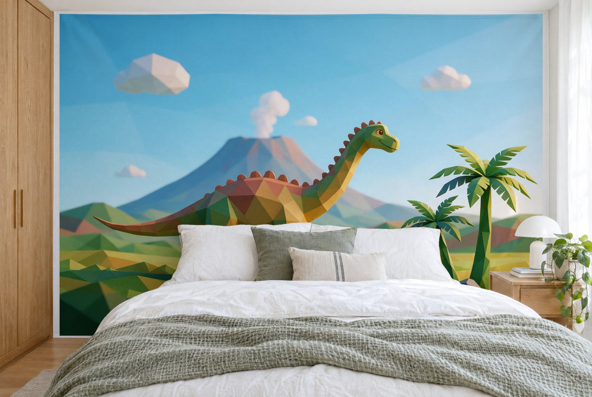 Bedruckter Stoff im XXL-Format: Langhals-Dino vor dem Vulkan, rechts drei Farnpalmen, wandfüllend hinter dem Doppelbett
