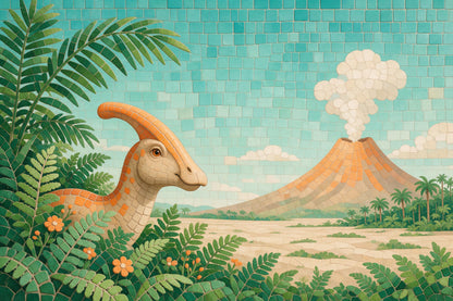 Dinosaurier mit orangem Kamm über Farnen vor ruhigem Vulkan als Mosaik, als Wandtuch, auf Stoff gedruckt – Blau und Orange