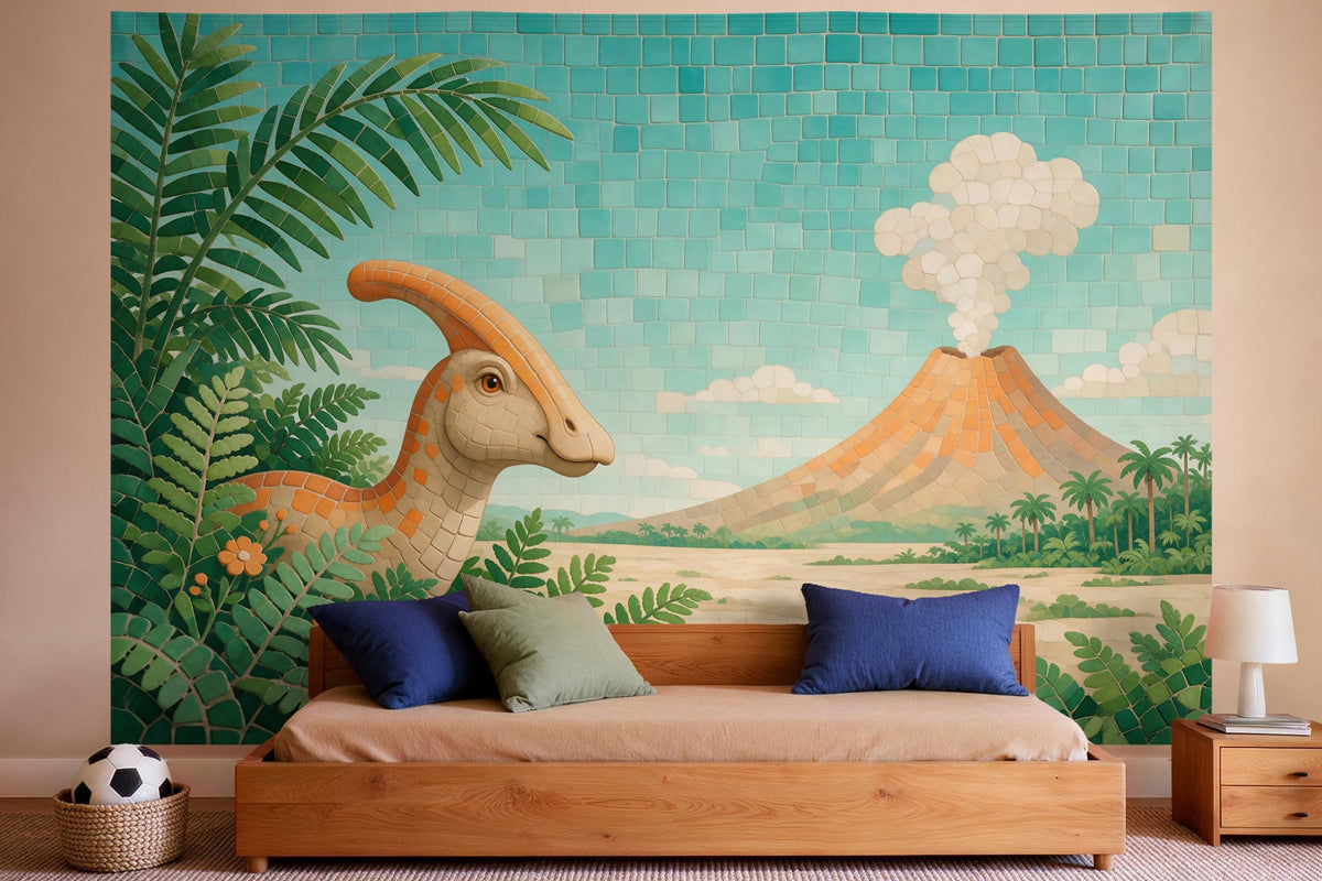Tapiz de pared XXL Dinosaurio en mosaico como decoración en un dormitorio de niño