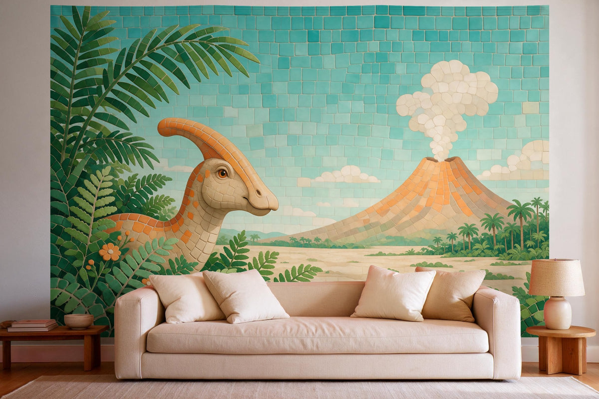 Decoración de pared en un salón luminoso sobre el sofá: tapiz de tela Dinosaurio en mosaico
