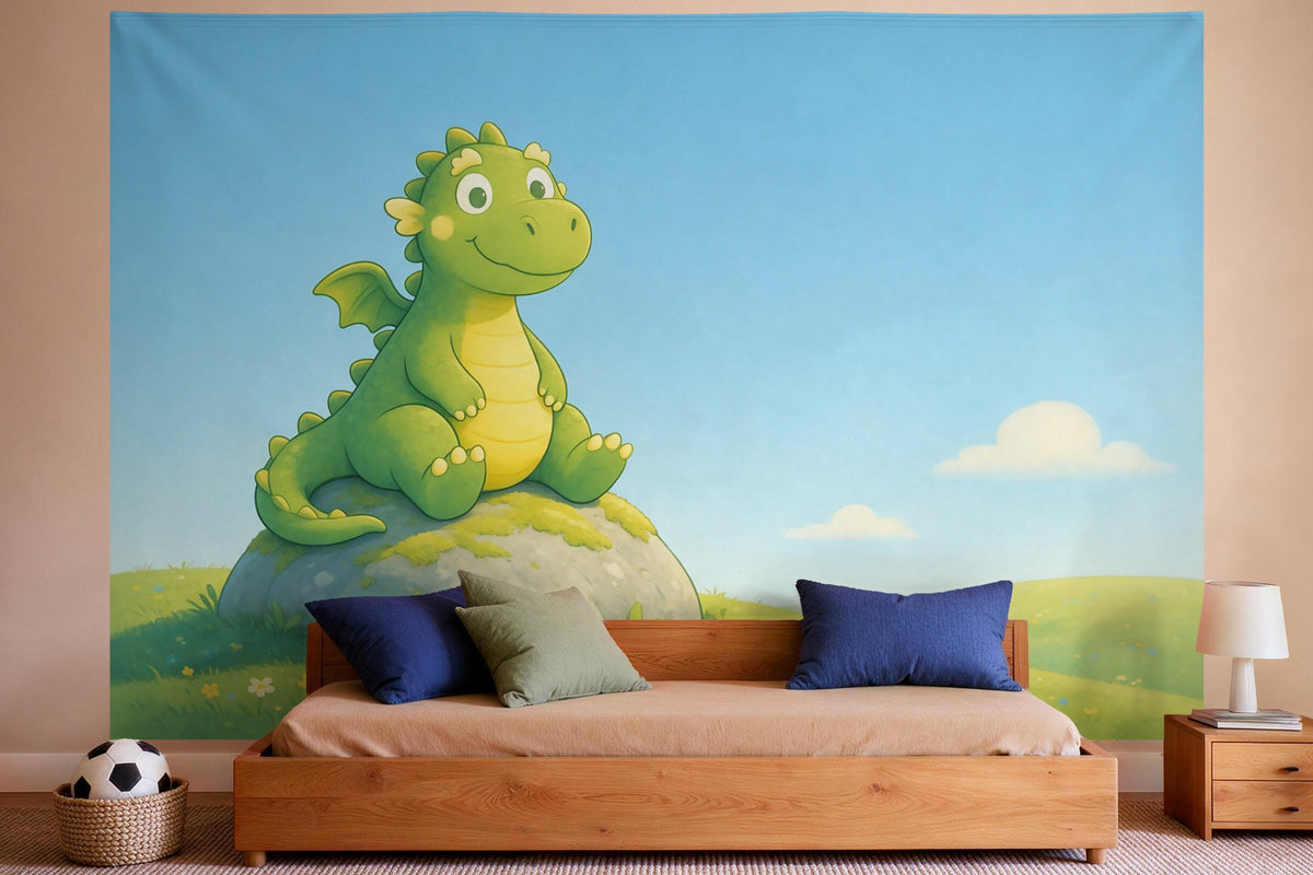 Wandtuch XXL Drache auf dem Felsen als Wanddeko im Jungen-Kinderzimmer