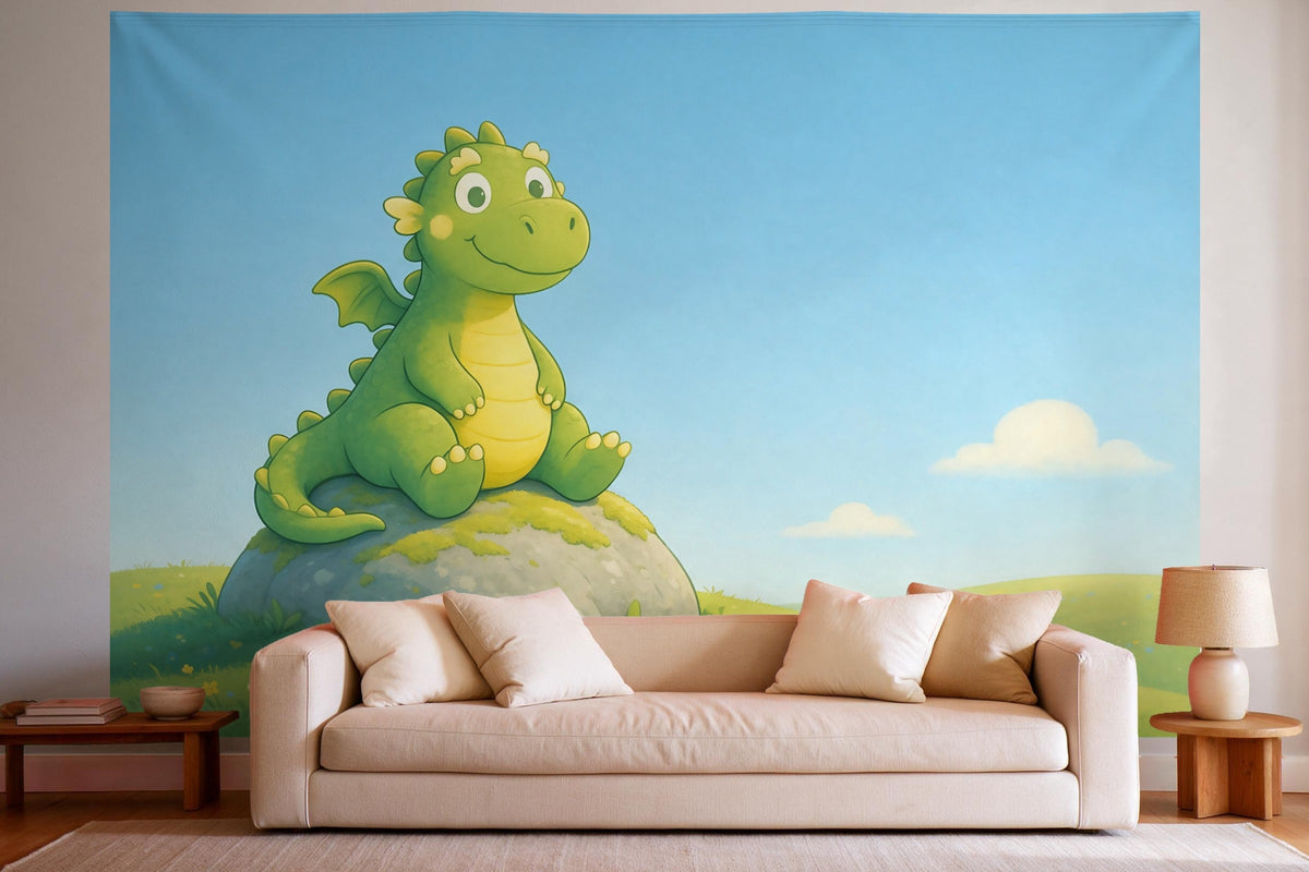 Wanddeko im hellen Wohnzimmer über dem Sofa: Wandtuch Drache auf dem Felsen, auf Stoff gedruckt