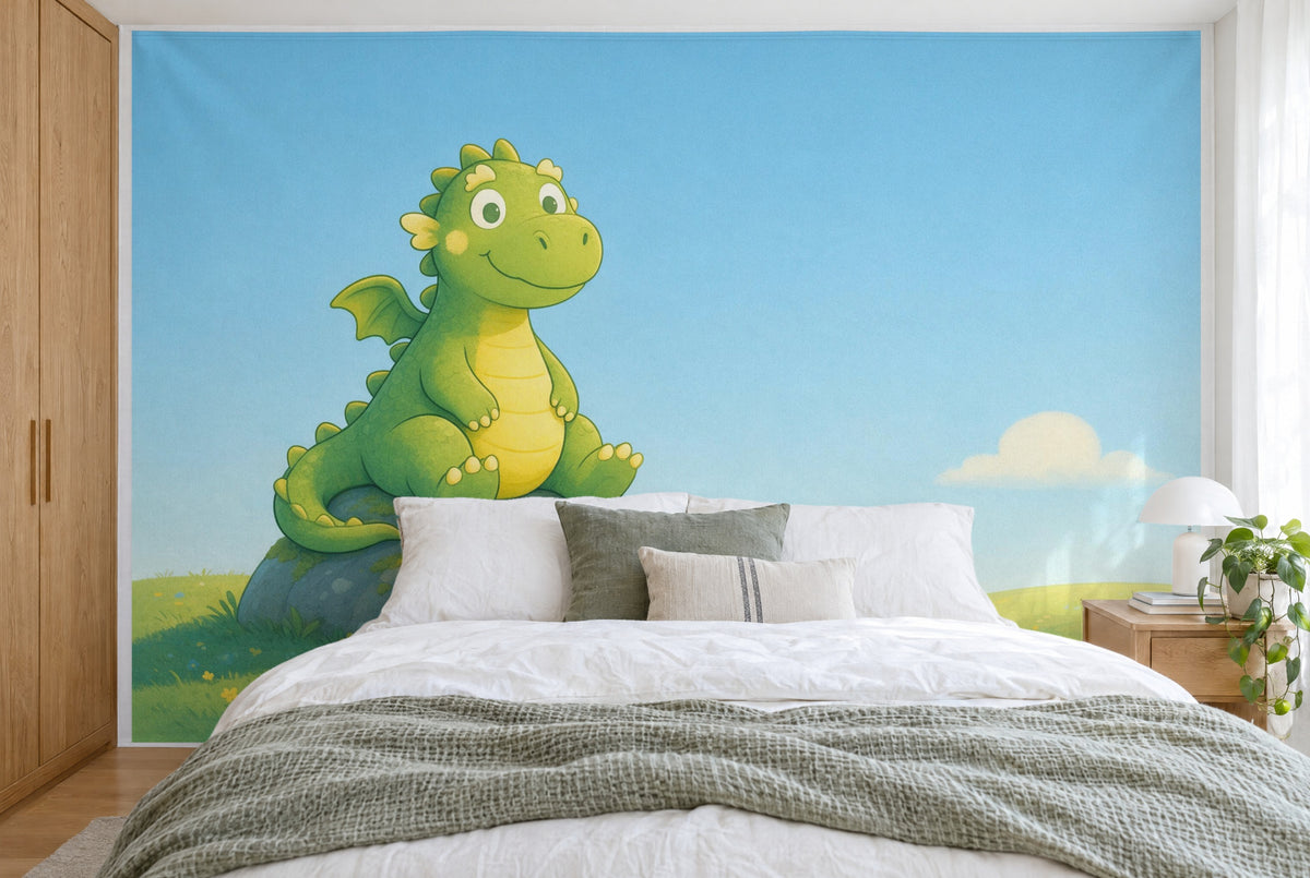 Tissu imprimé XXL : dragon vert à gauche sur le rocher, ciel bleu avec un nuage, mur entier derrière le lit