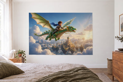 Tenture chevalier au dragon sur la cité des nuages dans la chambre claire face au lit, commode en bois à droite – vert
