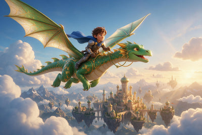 Garçon en armure sur un dragon vert au-dessus d'une cité flottante, tenture murale imprimée sur tissu – vert et bleu