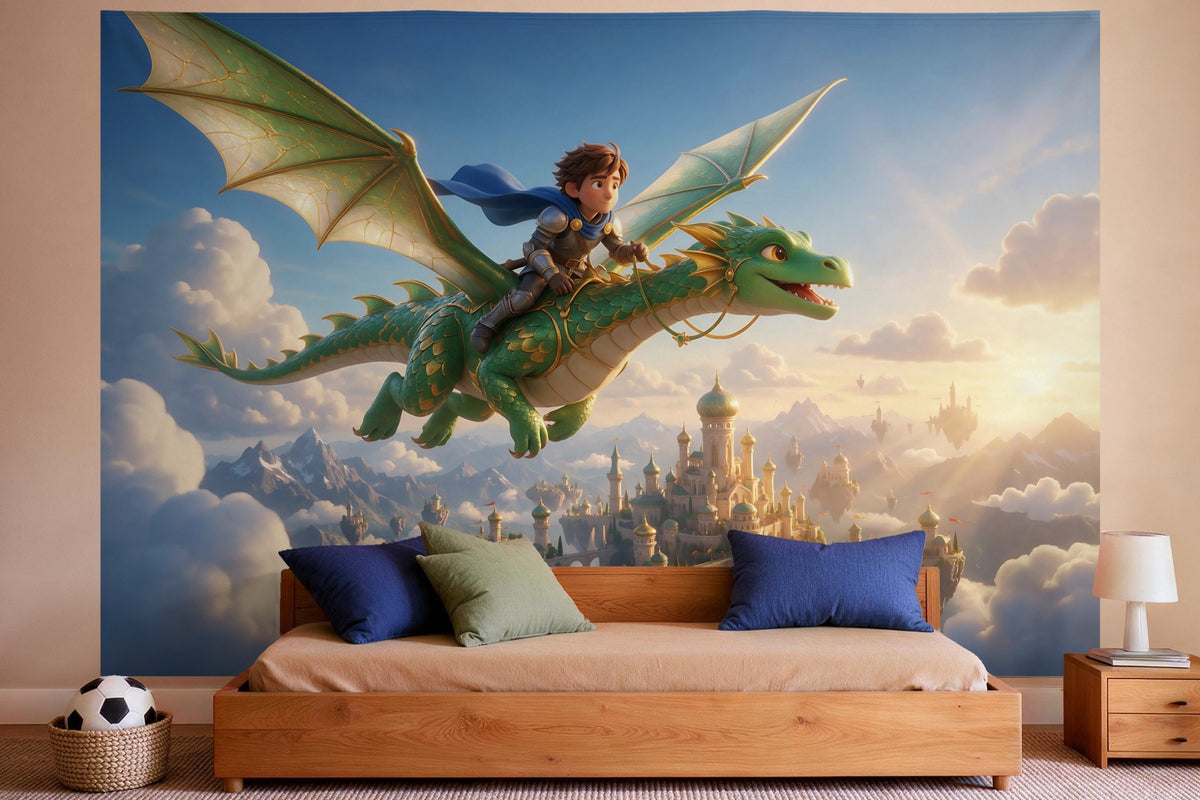 Wandtuch XXL Drachen-Ritter über der Wolkenstadt als Wanddeko im Jungen-Kinderzimmer