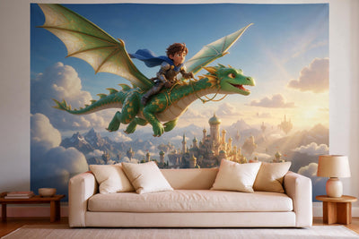 Wanddeko im hellen Wohnzimmer über dem Sofa: Wandtuch Drachen-Ritter über der Wolkenstadt, auf Stoff gedruckt