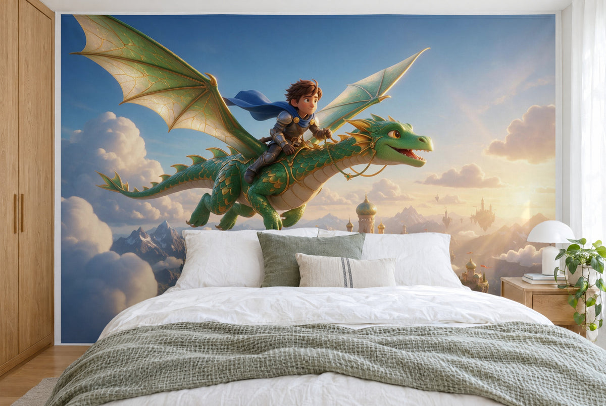 Tissu imprimé XXL : garçon sur un dragon vert en haut à gauche, nuages et tours en dessous, mur entier derrière le lit