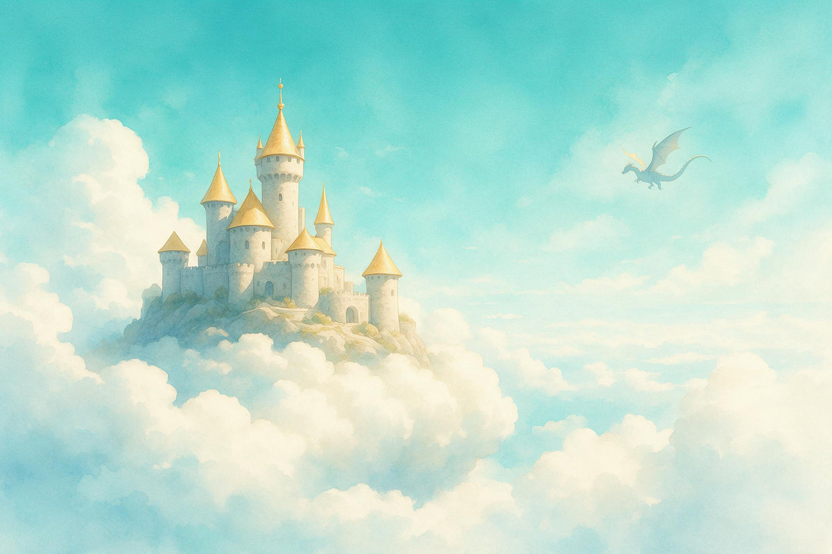 Castillo de cuento en una colina rocosa sobre el mar de nubes como tapiz impreso en tela – turquesa, blanco y dorado