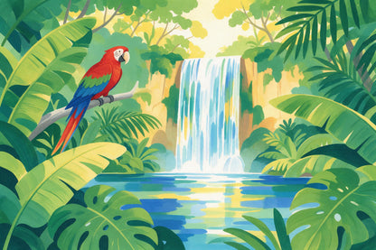 Dschungel: roter Ara auf einem Ast vor dem Wasserfall mit Monstera, als Wandtuch, auf Stoff gedruckt – Grün und Rot