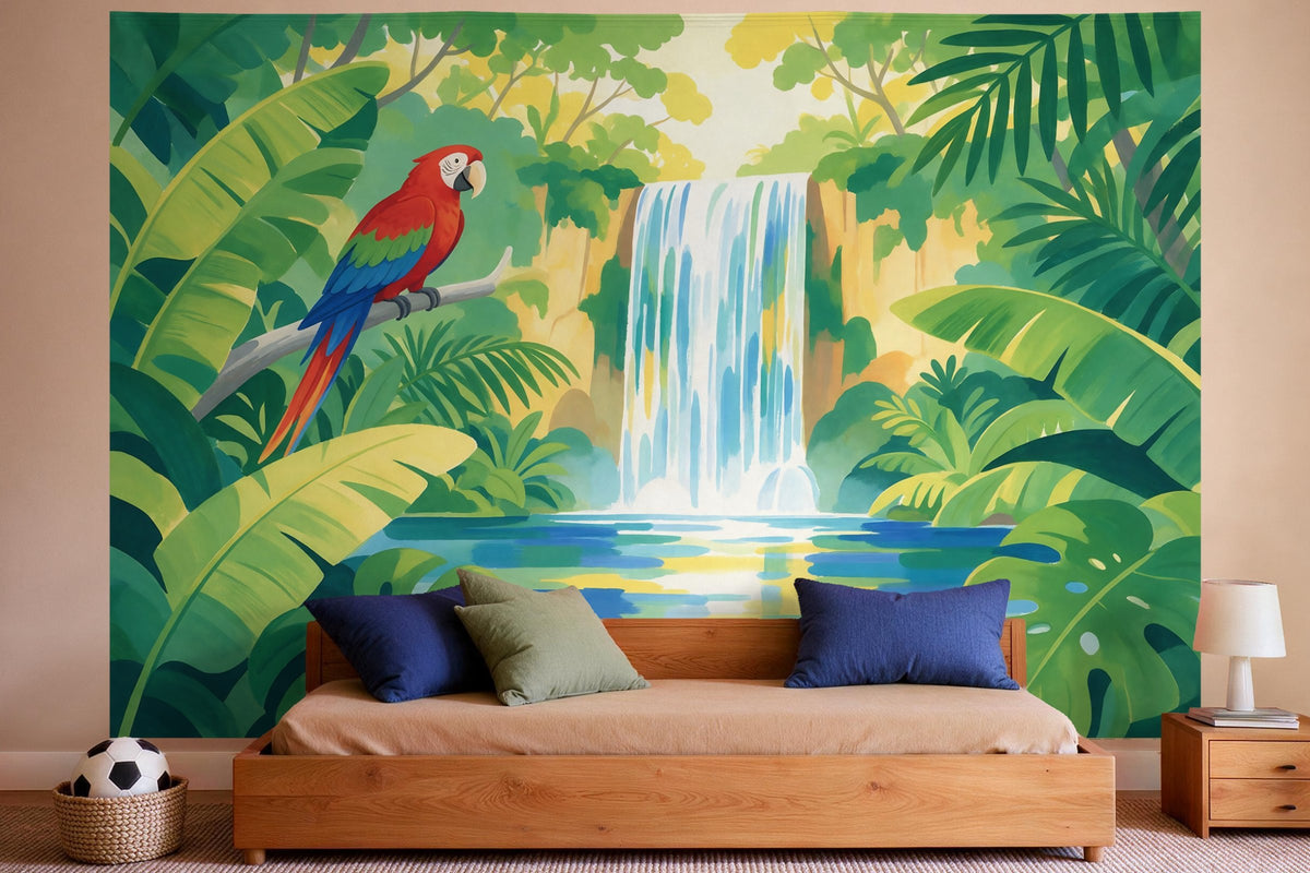 XXL wall tapestry Jungle with Parrot in Gouache as wall decor in a boys' bedroom