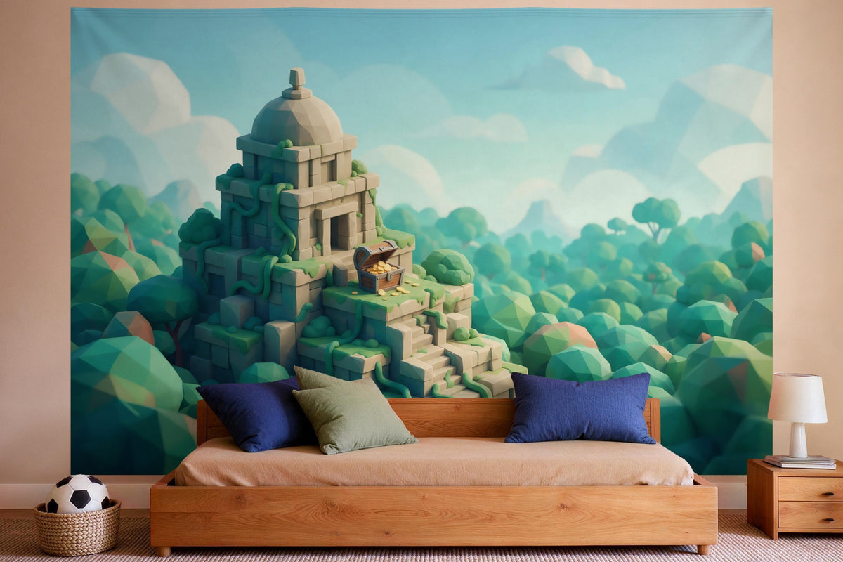 XXL wall tapestry Jungle Temple in Low Poly Style as wall decor in a boys' bedroom