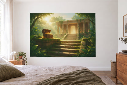Wandtuch Dschungeltempel mit Schatzkiste im hellen Schlafzimmer gegenüber dem Bett, rechts eine Holzkommode – Grün und Gold