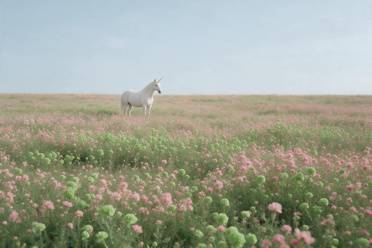 Licorne sur large prairie fleurie avec fleurs rose et vert, ciel bleu clair, tenture murale imprimée sur tissu – rose