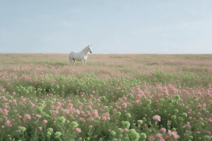 Licorne sur large prairie fleurie avec fleurs rose et vert, ciel bleu clair, tenture murale imprimée sur tissu – rose
