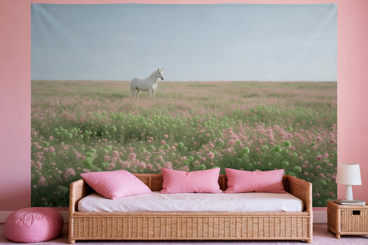 Tapiz de pared XXL Unicornio en el prado de flores como decoración en un dormitorio de niña