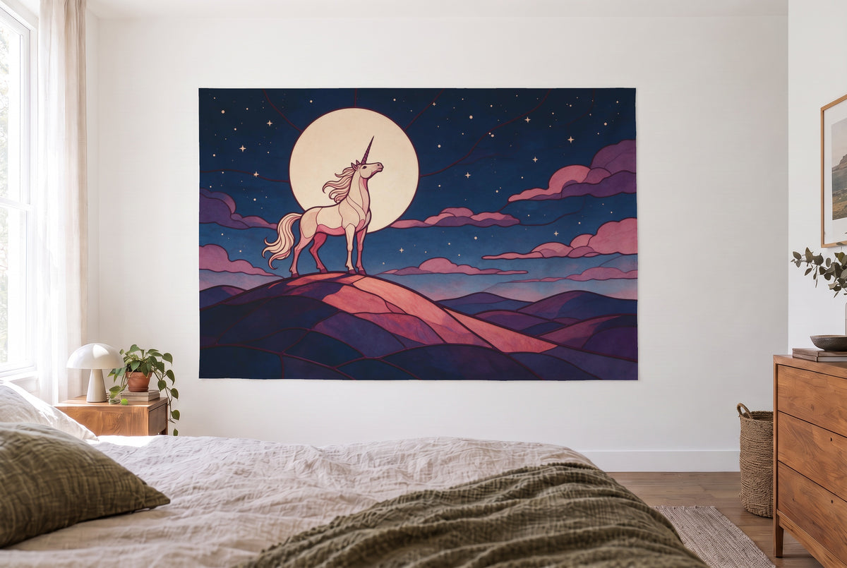 Unicorn moonlit night stained glass tapestry in a bright bedroom opposite the bed, wooden dresser at right – violet