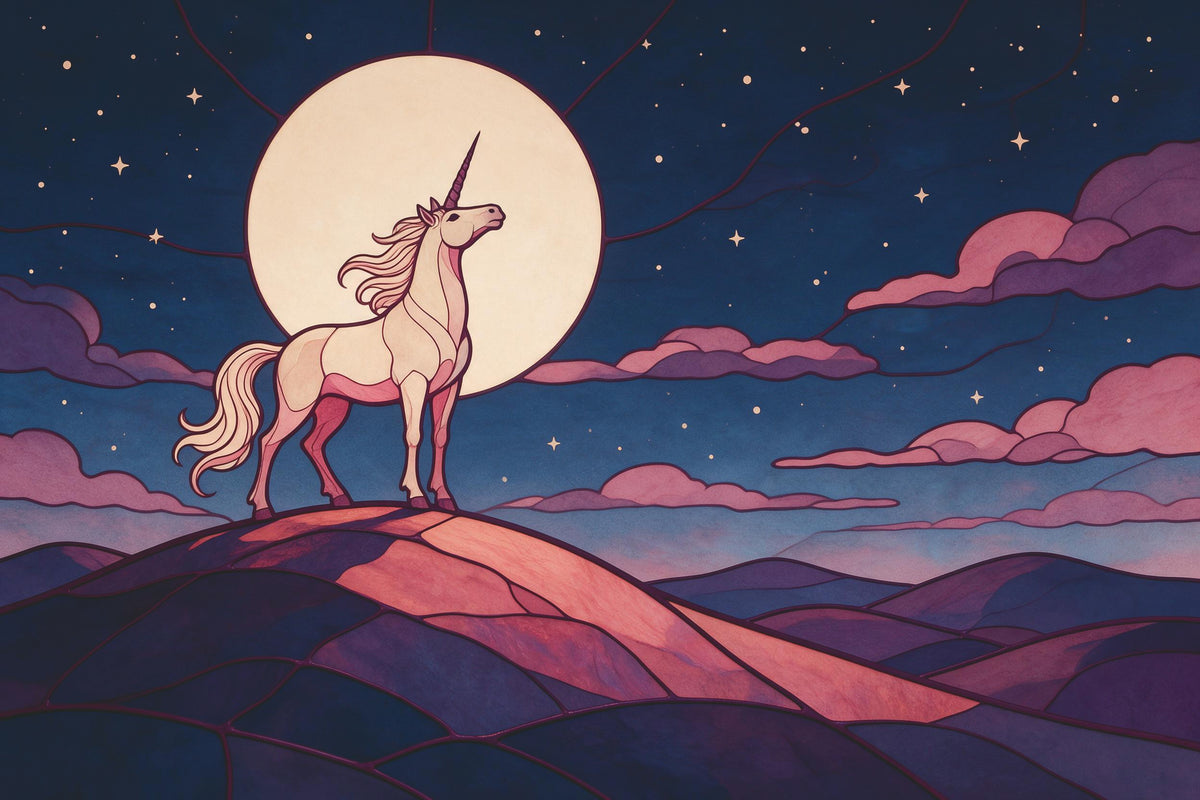 Unicorn on a hilltop before full moon and stars in stained glass, tapestry printed on fabric – violet and rose