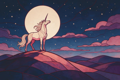 Unicorn on a hilltop before full moon and stars in stained glass, tapestry printed on fabric – violet and rose