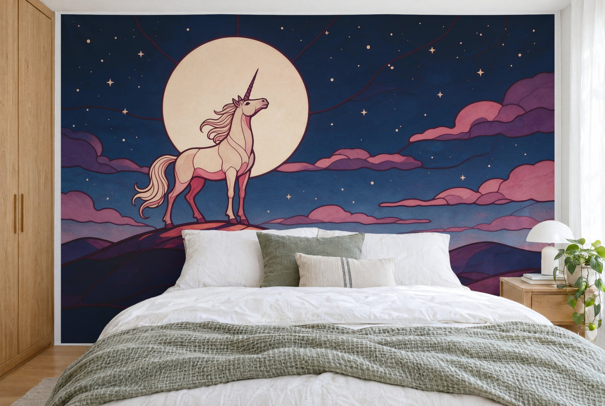 XXL printed fabric: unicorn left before the full moon with pink clouds, filling the wall behind the bed