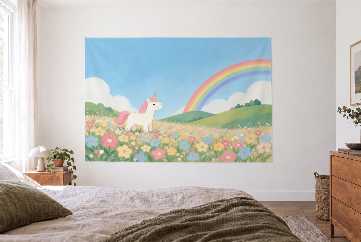 Unicorn under the rainbow gouache tapestry in a bright bedroom opposite the bed, wooden dresser at right – rose