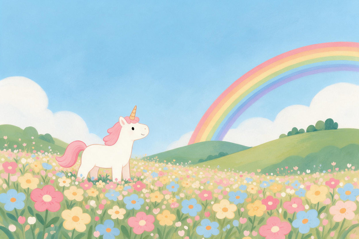 White unicorn on a flower meadow under the rainbow over hills, tapestry printed on fabric – blue and rose