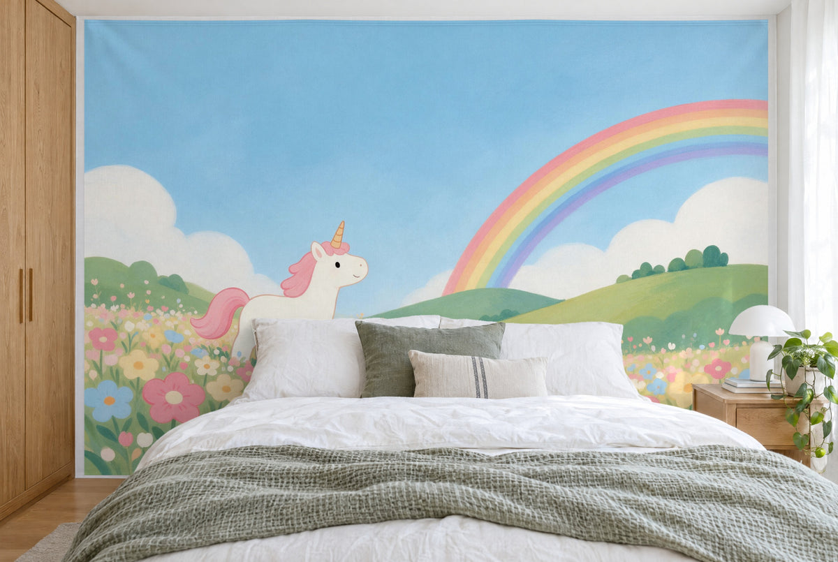 XXL printed fabric: unicorn left on the flower meadow, rainbow over hills, filling the wall behind the bed