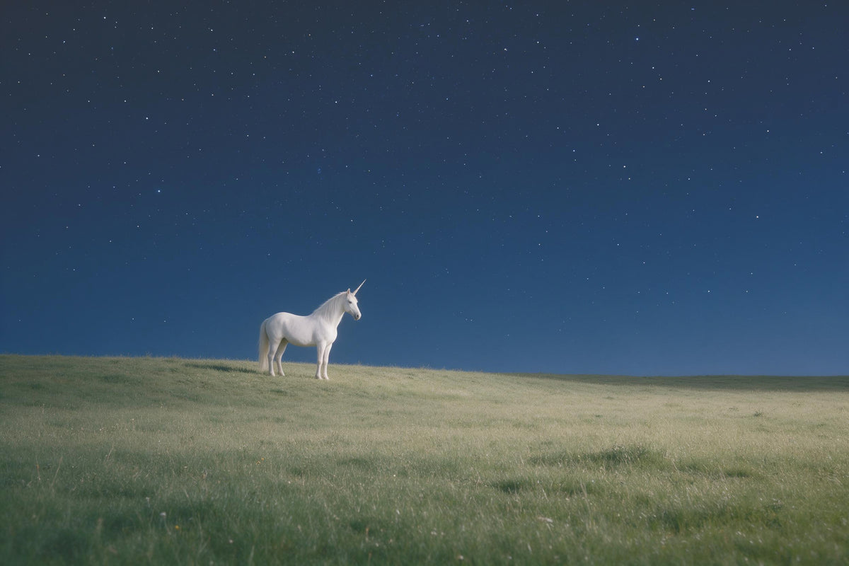 Licorne blanche sur prairie tranquille sous ciel étoilé, tenture murale imprimée sur tissu – bleu et blanc