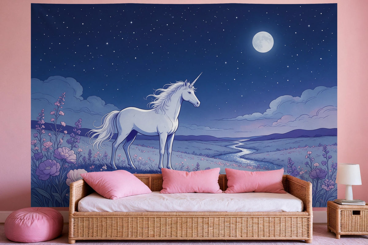 Tapiz de pared XXL Unicornio bajo el cielo estrellado como ilustración como decoración en un dormitorio de niña