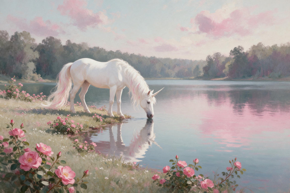 Unicornio en el lago del bosque con reflejo y rosales silvestres en rosa y verde, tapiz impreso en tela – ciruela