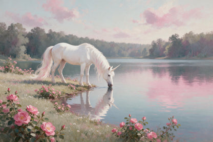 Unicornio en el lago del bosque con reflejo y rosales silvestres en rosa y verde, tapiz impreso en tela – ciruela