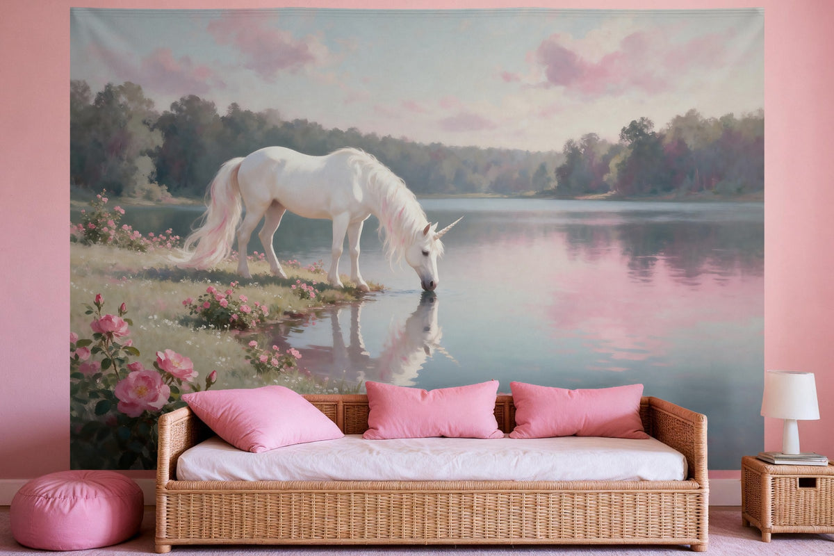 Tapiz de pared XXL Unicornio en el lago del bosque al óleo como decoración en un dormitorio de niña