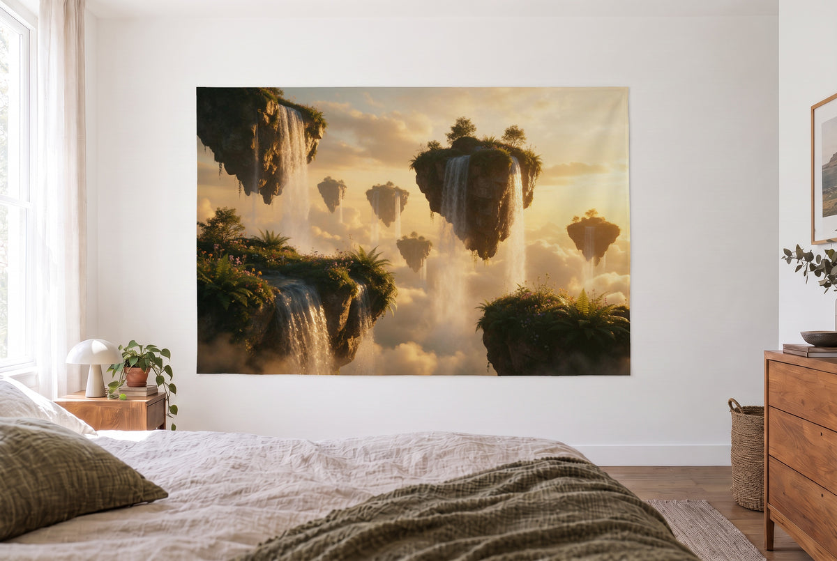 Fantasy islands with waterfalls tapestry in a bright bedroom opposite the bed, wooden dresser on the right – gold and green