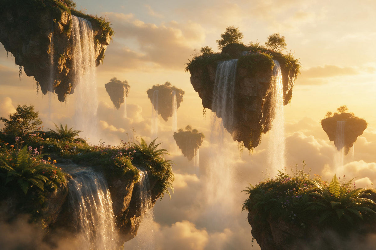 Fantasy rock islands with waterfalls in the golden evening sky above misty clouds, tapestry printed on fabric – gold