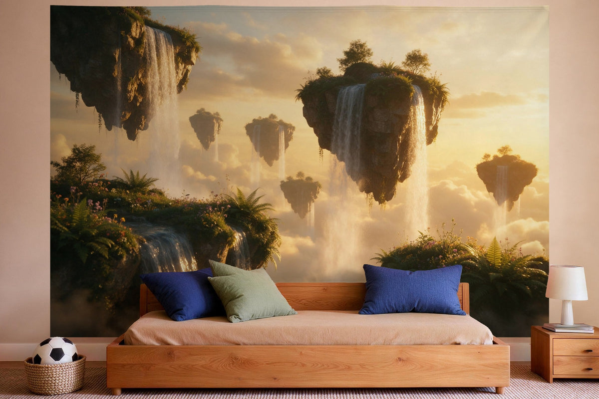 Decoración de pared en un dormitorio de niño: tapiz de tela Islas de fantasía con cascadas