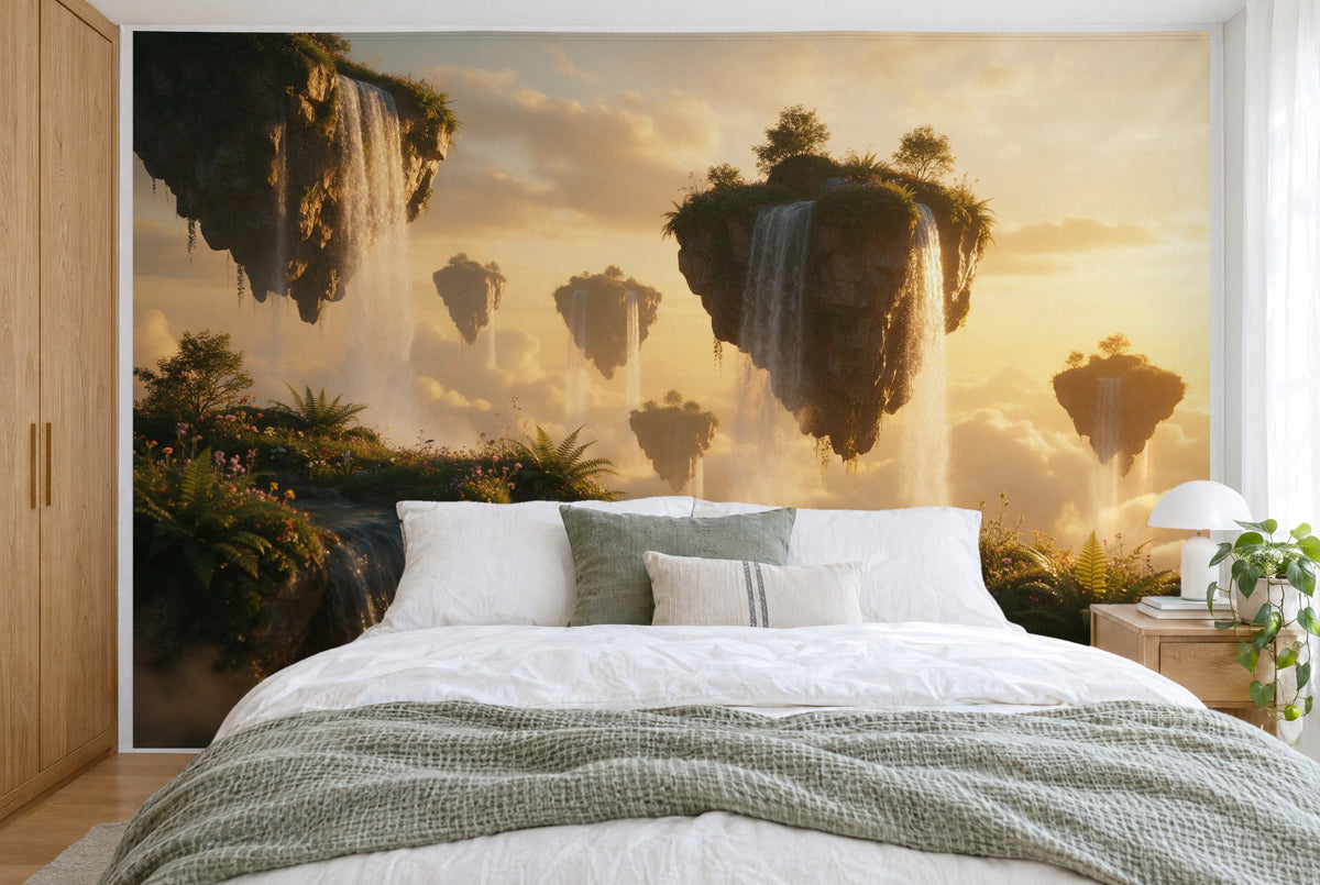 XXL printed fabric: rock island with two waterfalls right of center in the evening gold, filling the wall behind the bed