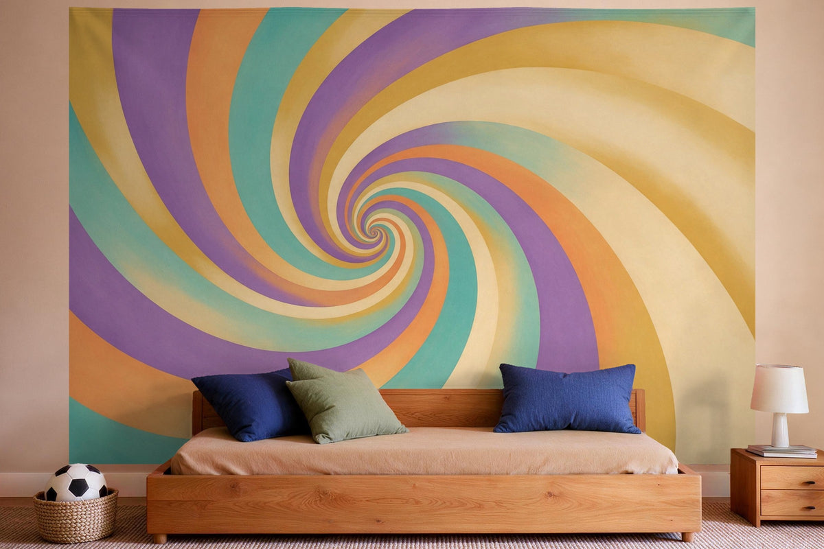 Wanddeko im Jungen-Kinderzimmer: Wandtuch Farbspirale im Psychedelic-Stil, auf Stoff gedruckt