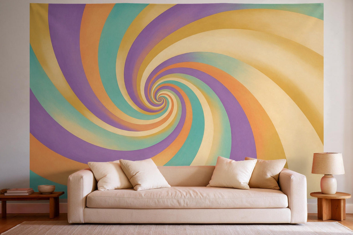 Wandtuch XXL Farbspirale im Psychedelic-Stil als Wanddeko im hellen Wohnzimmer über dem Sofa