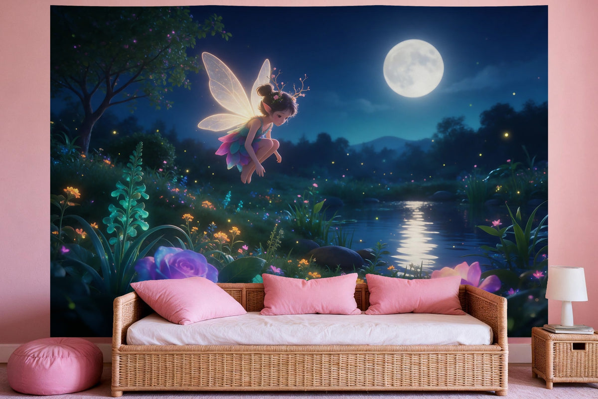 Déco murale dans une chambre de fille : tenture murale Fée dans le jardin au clair de lune, imprimée sur tissu