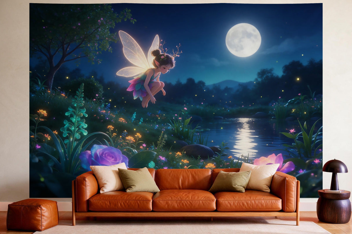 Tenture murale XXL Fée dans le jardin au clair de lune en déco murale dans un salon chaleureux au-dessus du canapé en cuir