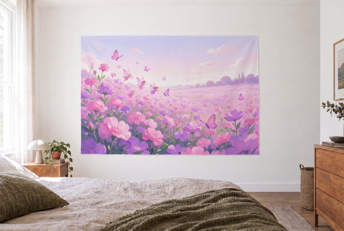 Wandtuch Feen über Blumenwiese im hellen Schlafzimmer gegenüber dem Bett, rechts eine Holzkommode – Rosa und Grün