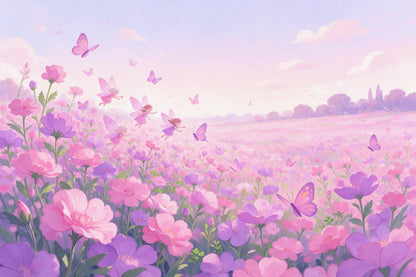 Feen über rosa Blumenwiese mit Schmetterlingen und zarten Blüten, als Wandtuch, auf Stoff gedruckt – Rosa und Violett